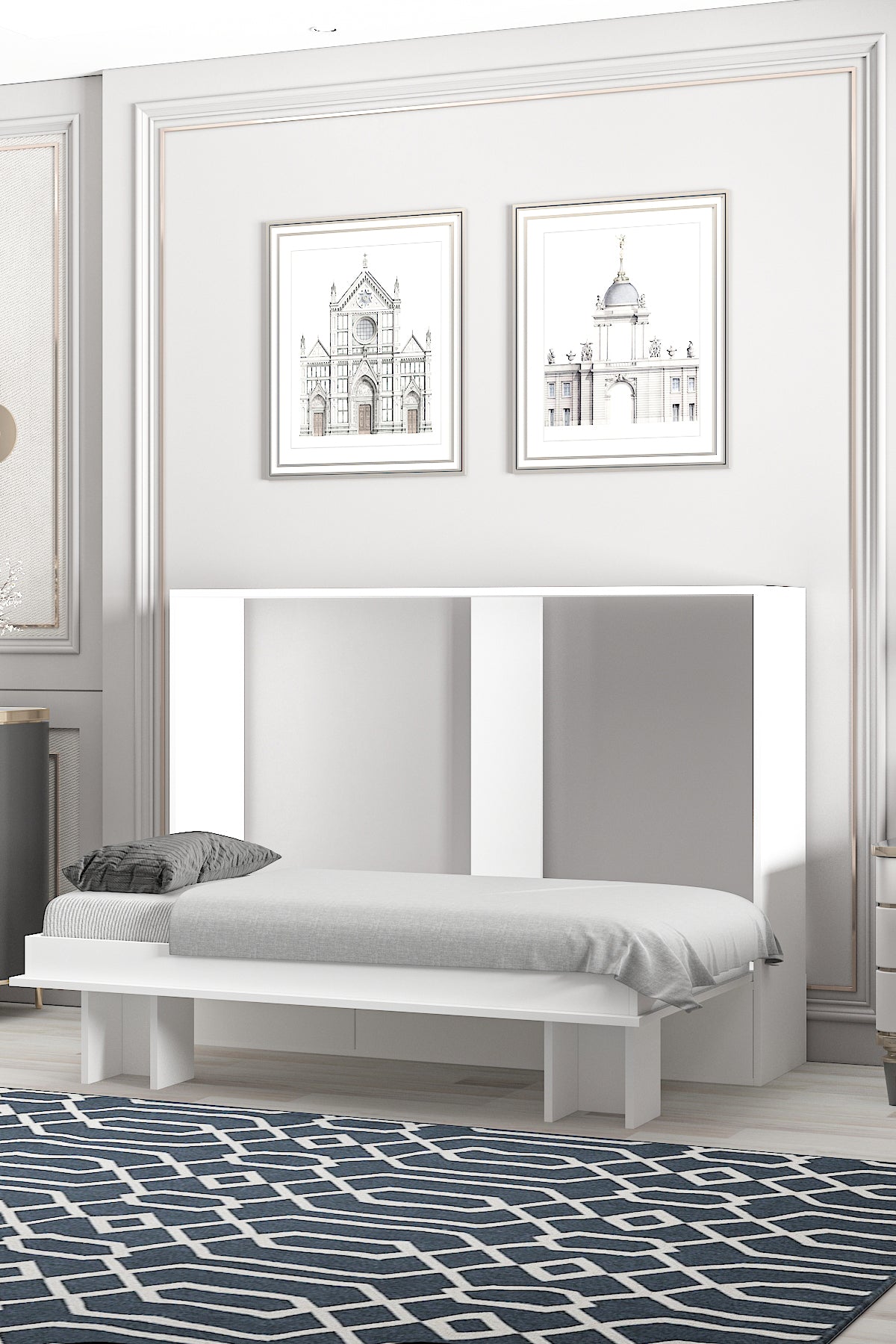 Akıllı Still 70x140 Yatak Uyumlu Yatay Açılır Duvar Yatağı Beyaz Mdf Kitaplıklı Karyola