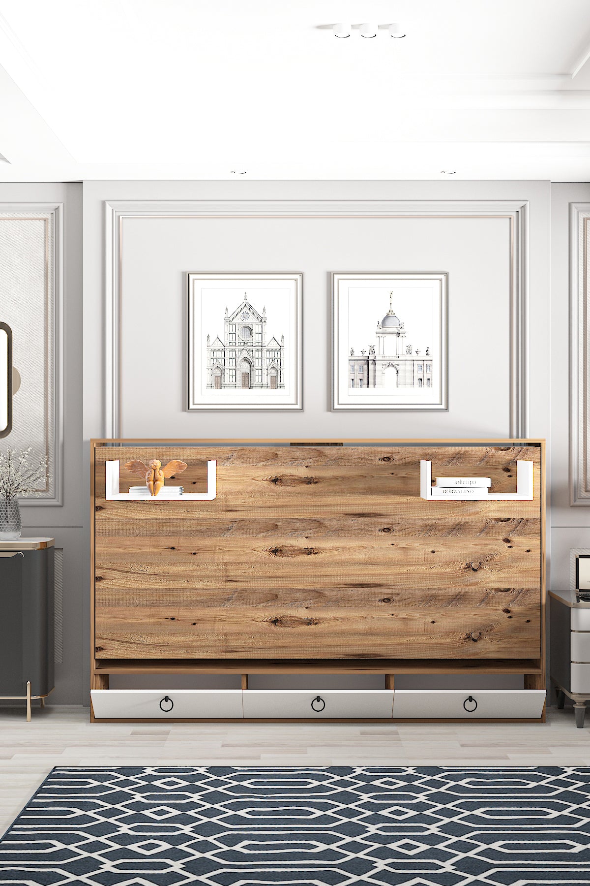 Akıllı Still 90x190 Yatak Uyumlu Yatay Açılır Duvar Yatağı Antik Çam Beyaz Karyola