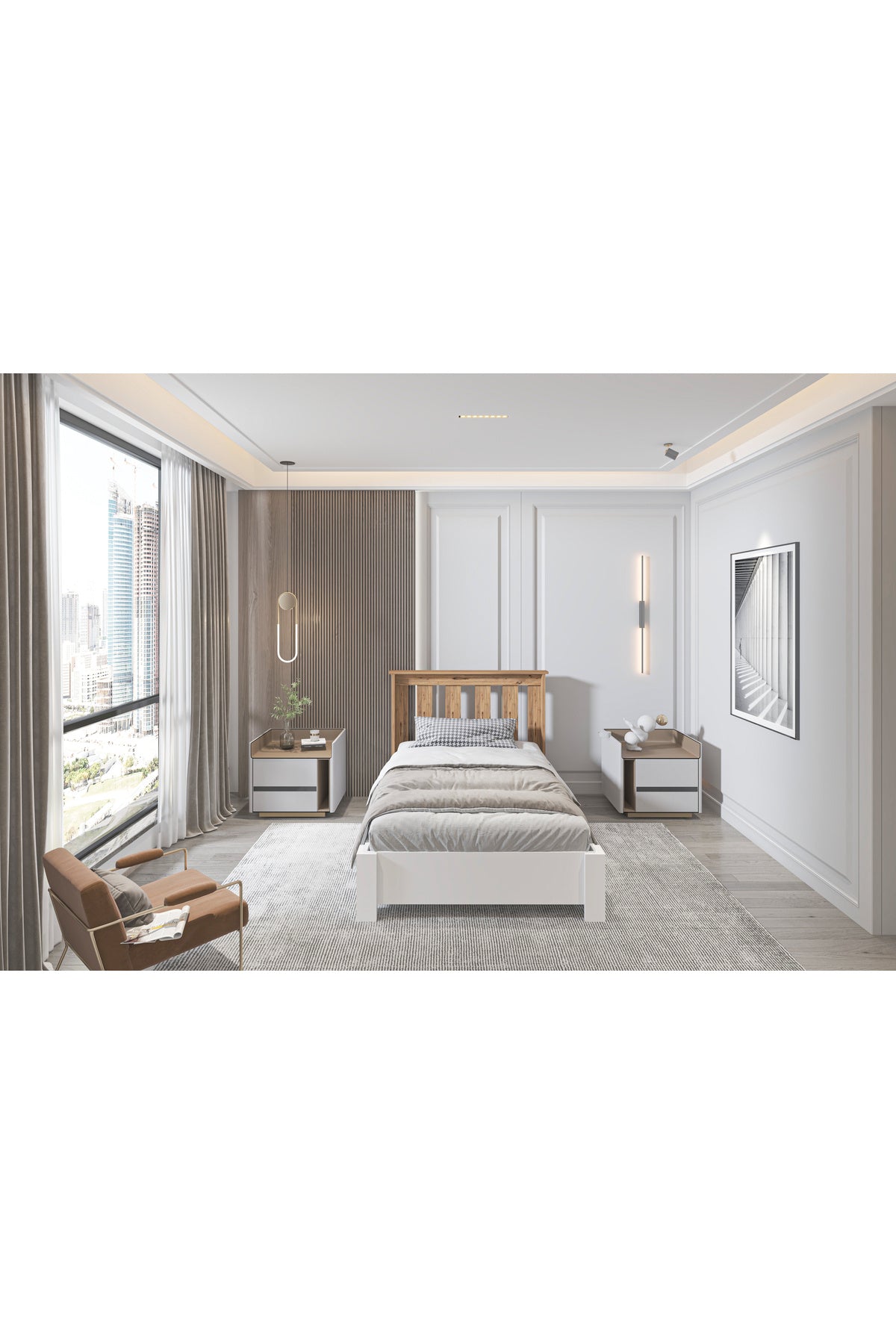 Altay Tek Kişilik Baza Başlık Seti, İkili Set Beyaz Antik Çam