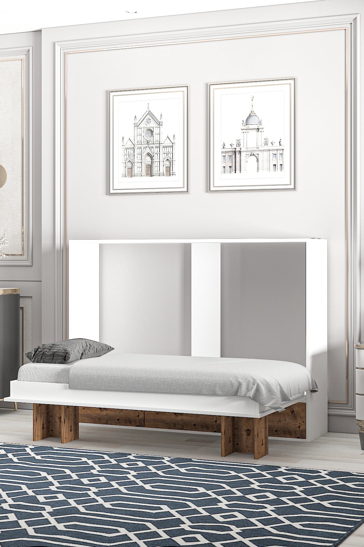 Akıllı Still 70x140 Yatak Uyumlu Yatay Açılır Duvar Yatağı Beyaz Antik Çam Kitaplıklı Karyola