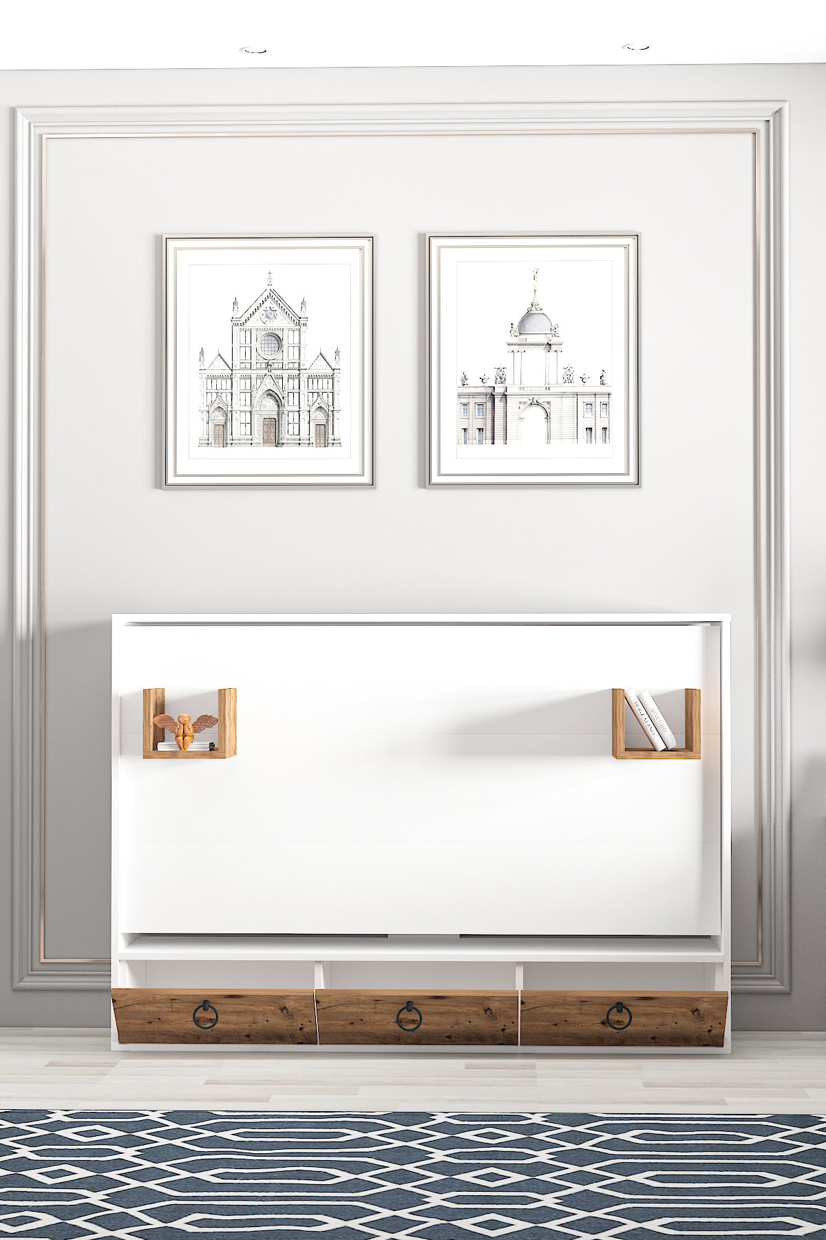 Akıllı Still 70x140 Yatak Uyumlu Yatay Açılır Duvar Yatağı Beyaz Antik Çam Kitaplıklı Karyola