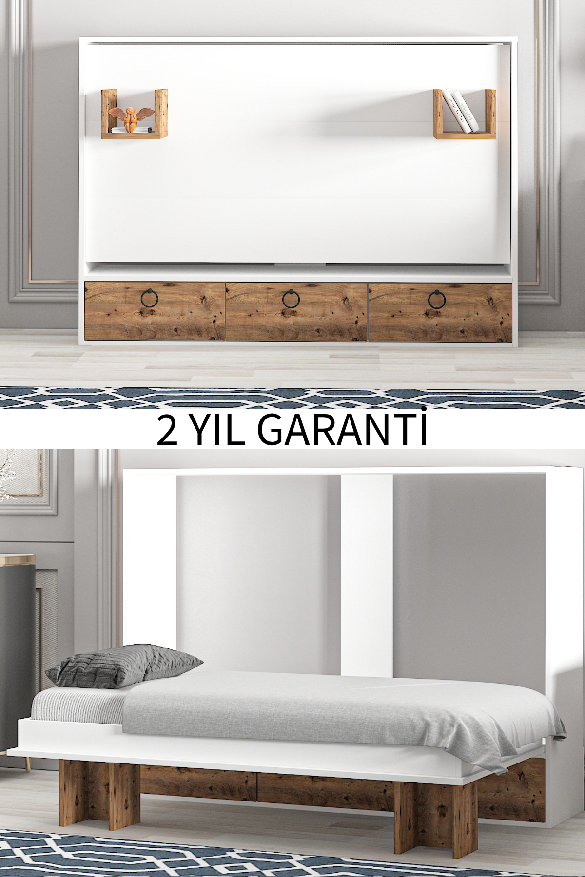 Akıllı Still 70x140 Yatak Uyumlu Yatay Açılır Duvar Yatağı Beyaz Antik Çam Kitaplıklı Karyola