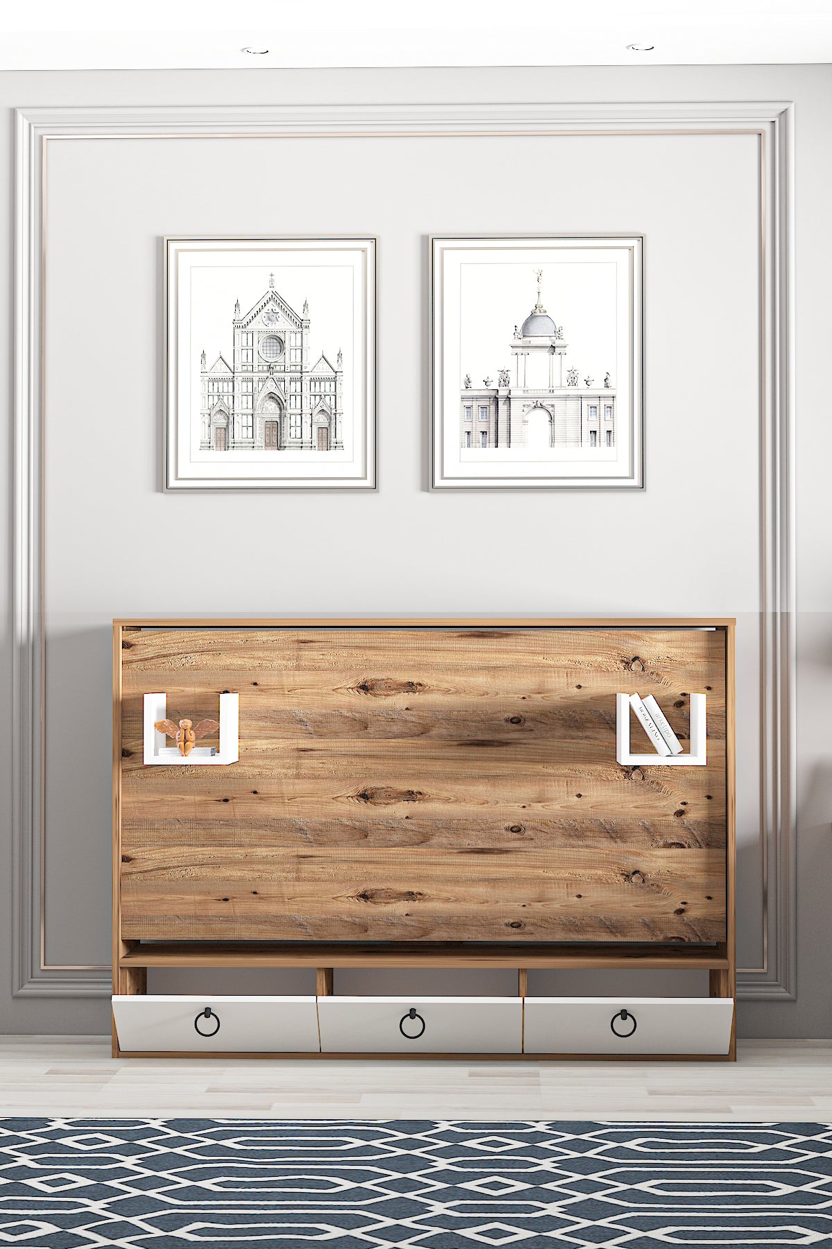 Akıllı Still 70x140 Yatak Uyumlu Yatay Açılır Duvar Yatağı Antik Çam Beyaz Kitaplıklı Karyola