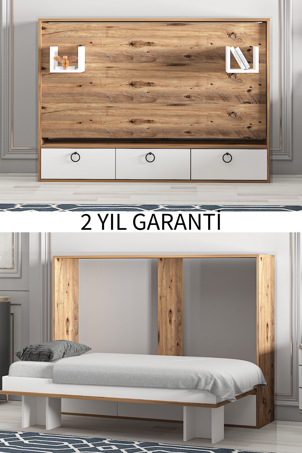 Akıllı Still 70x140 Yatak Uyumlu Yatay Açılır Duvar Yatağı Antik Çam Beyaz Kitaplıklı Karyola
