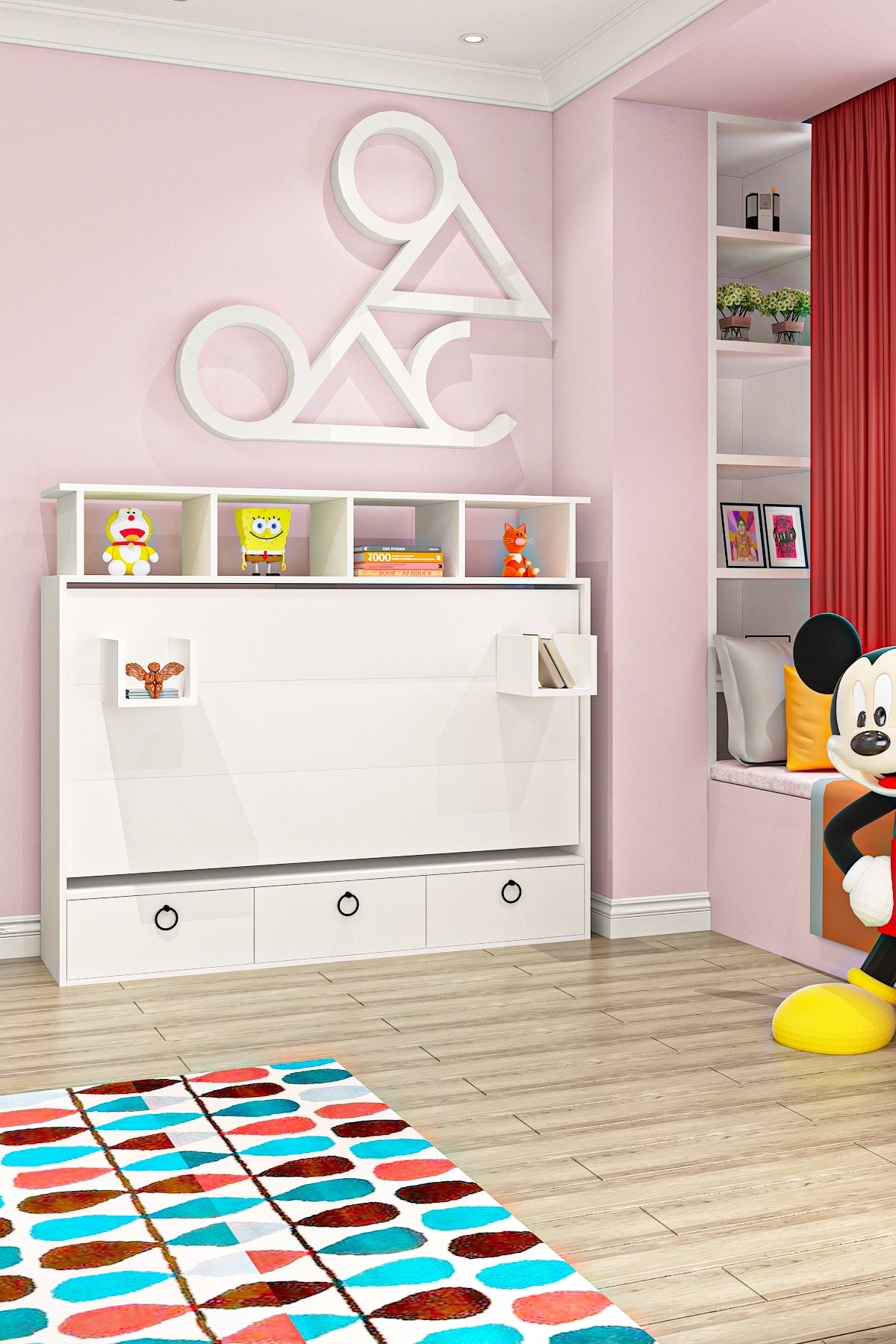 Aysa 90x190 Yatak Uyumlu Yatay Açılır Duvar Yatağı Beyaz Kitaplıklı Karyola