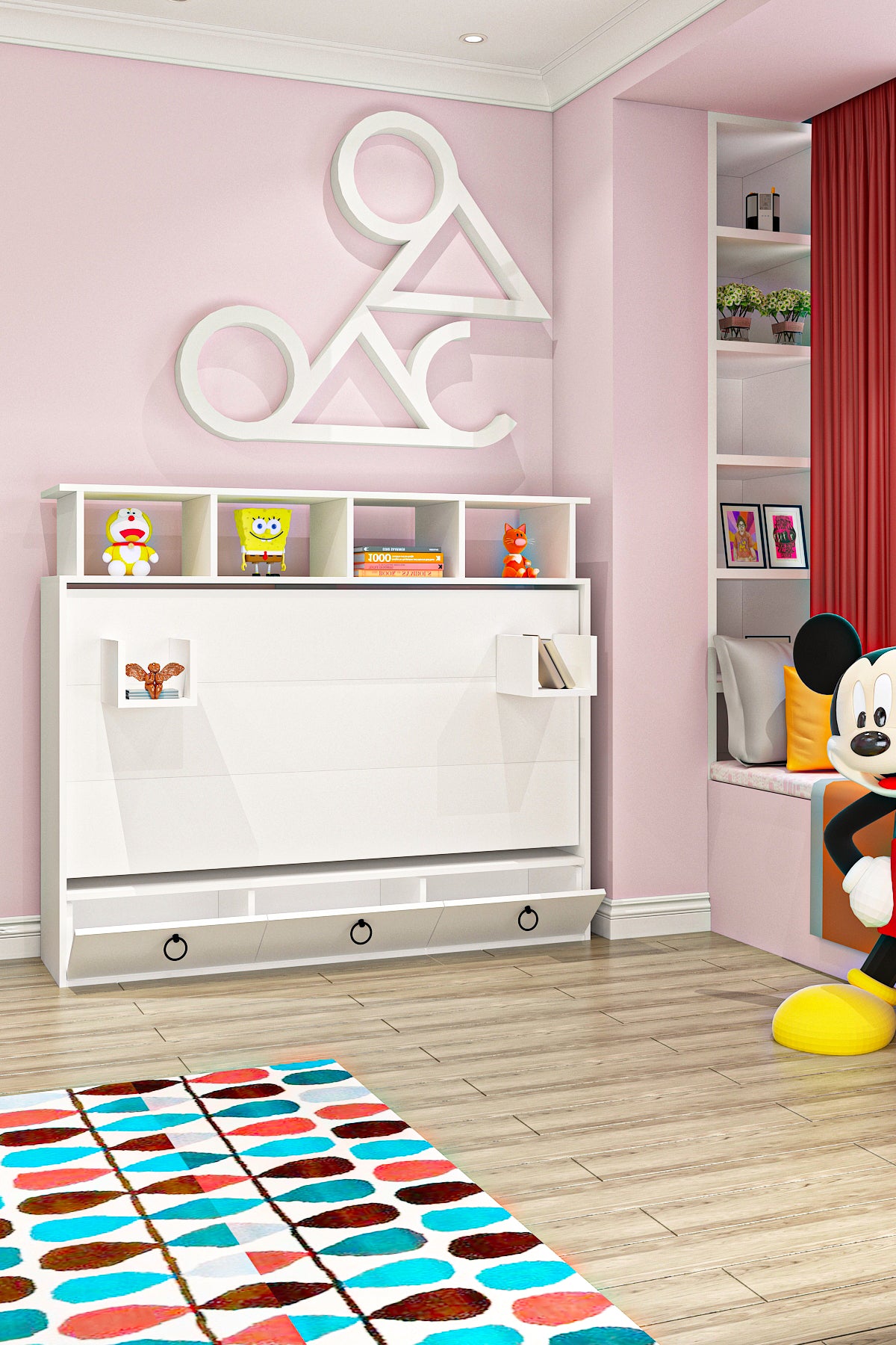 Aysa 70x140 Yatak Uyumlu Yatay Açılır Duvar Yatağı Beyaz Mdf Kitaplıklı Karyola