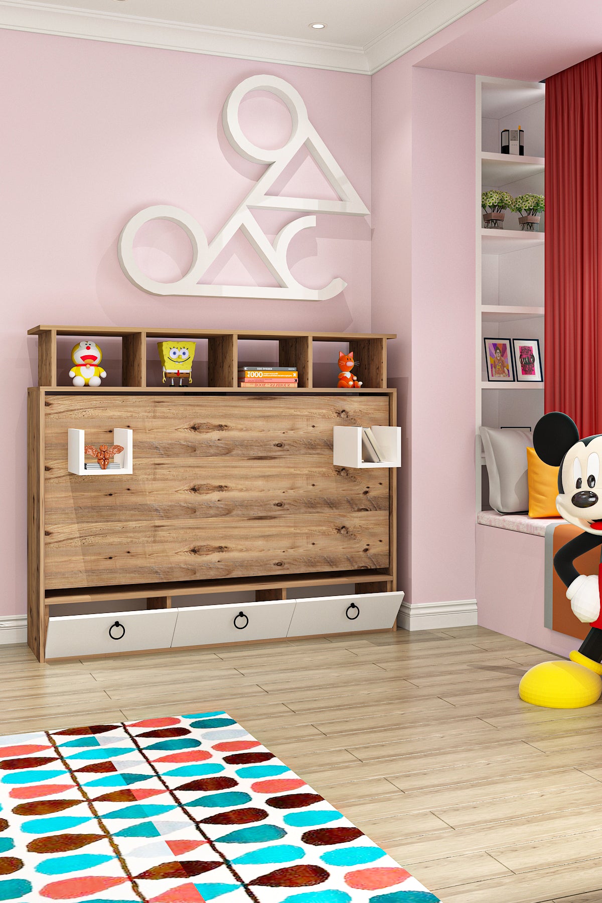 Aysa 70x140 Yatak Uyumlu Yatay Açılır Duvar Yatağı Antik Çam Beyaz Kitaplıklı Karyola