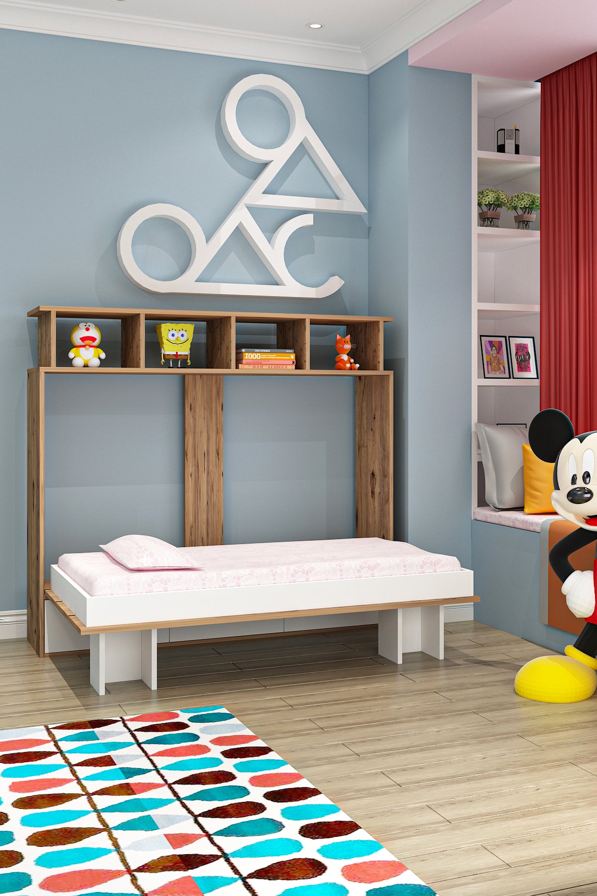 Aysa 70x140 Yatak Uyumlu Yatay Açılır Duvar Yatağı Antik Çam Beyaz Kitaplıklı Karyola