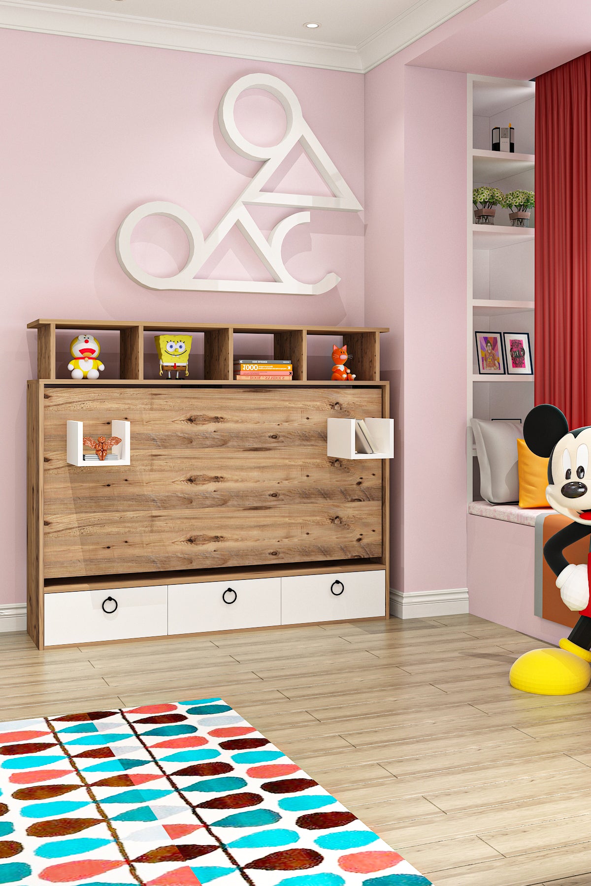 Aysa 90x190 Yatak Uyumlu Yatay Açılır Duvar Yatağı Antik Çam Beyaz Kitaplıklı Karyola