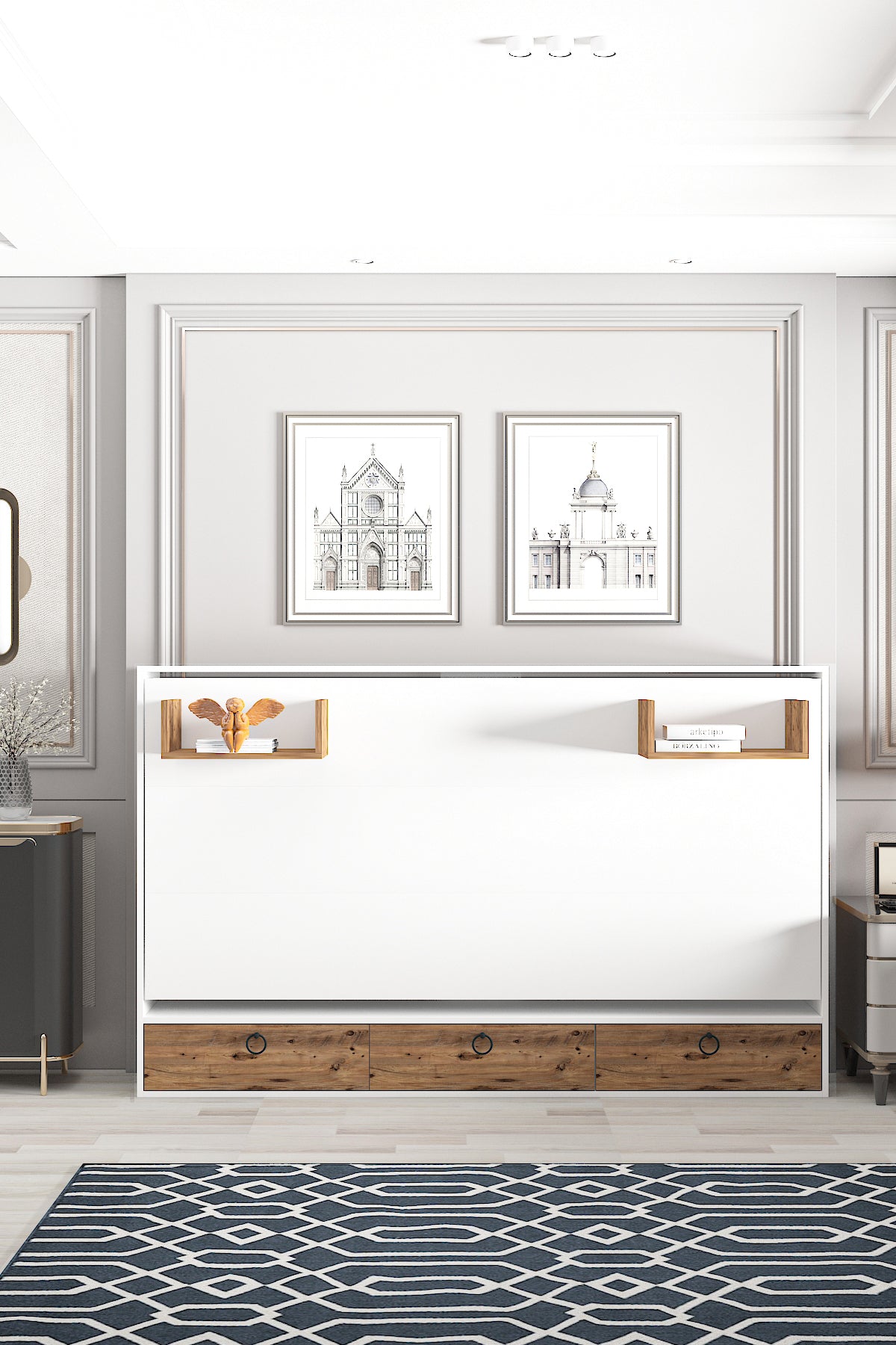 Akıllı Still 90x190 Yatak Uyumlu Yatay Açılır Duvar Yatağı Beyaz Antik Çam Karyola