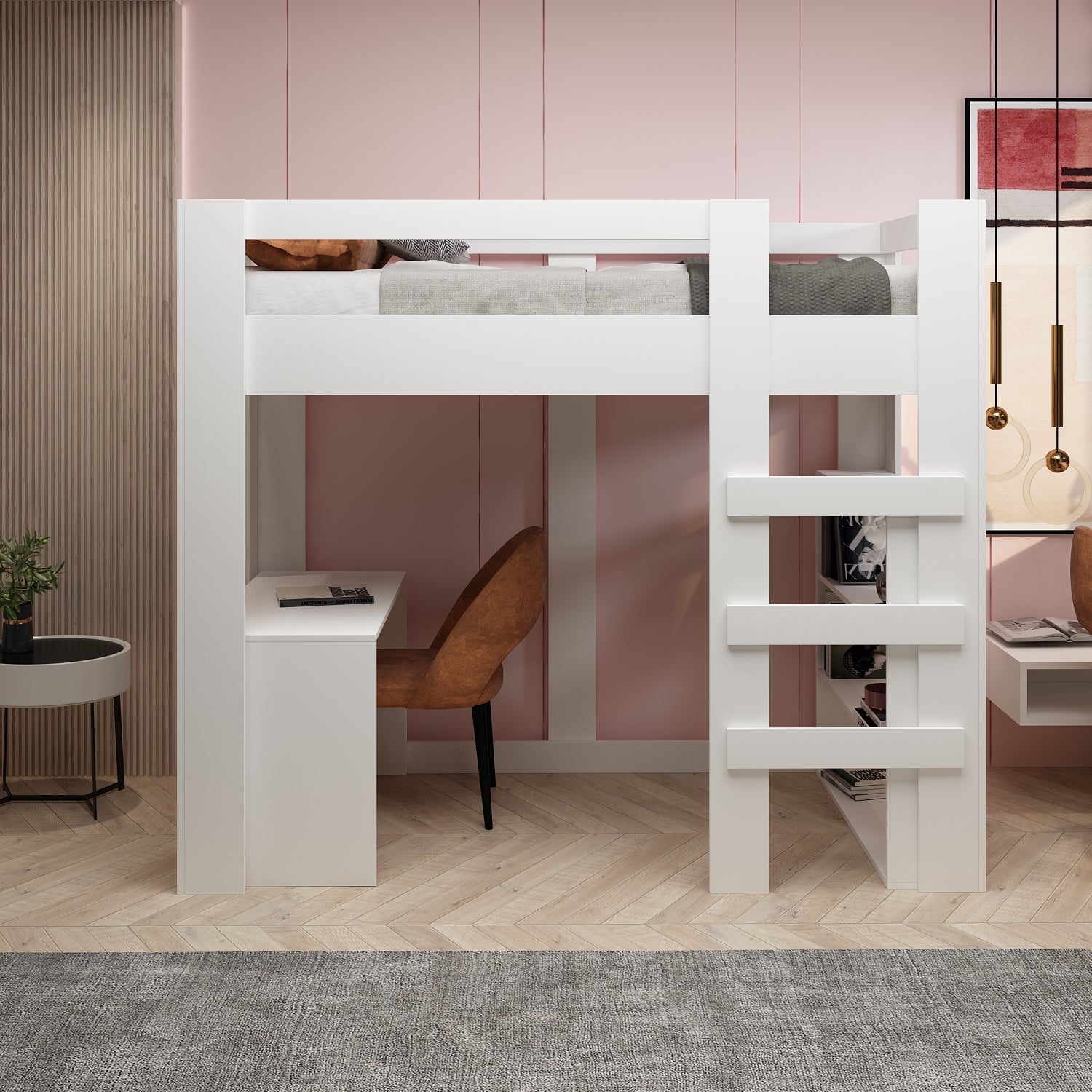 Yaşam 90X190 Yatak Uyumu Karyola Çalışma Masalı Kitaplıklı Led Işıklı Karyola