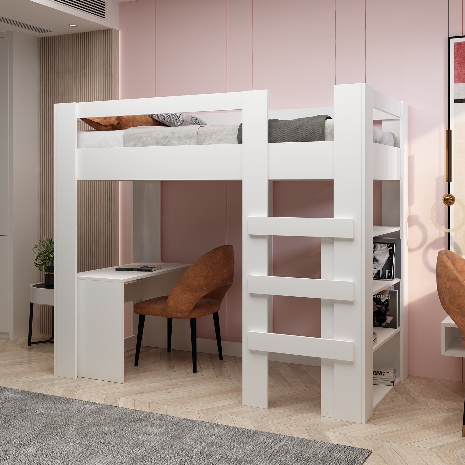 Yaşam 90X190 Yatak Uyumu Karyola Çalışma Masalı Kitaplıklı Led Işıklı Karyola