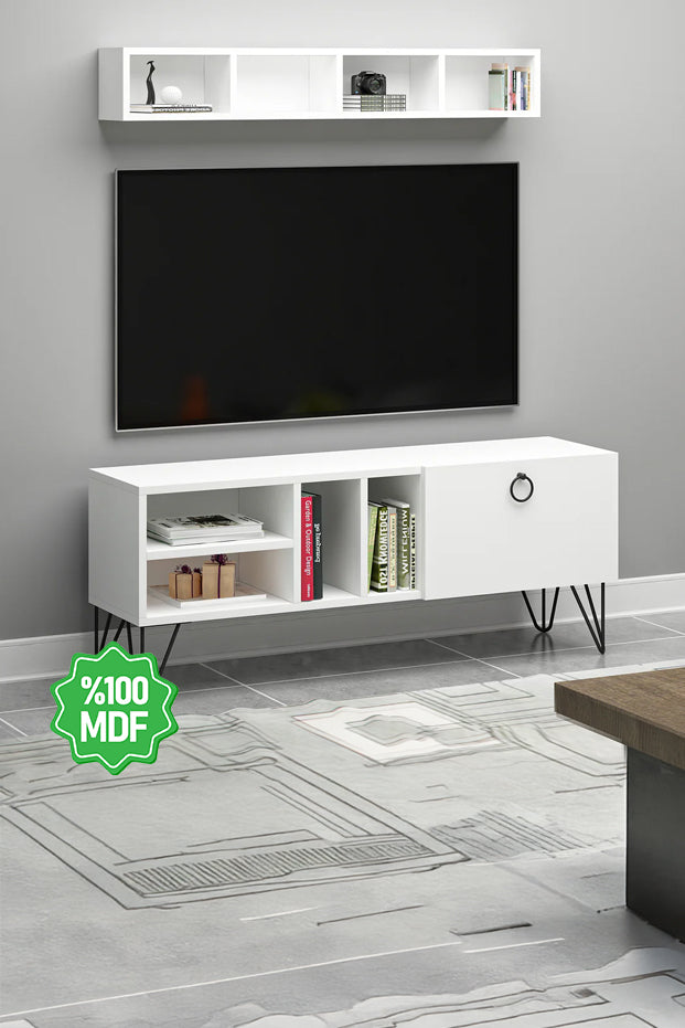 Kalimba Kapaklı Raflı Beyaz MDF Tv Ünitesi & Tv Sehpası
