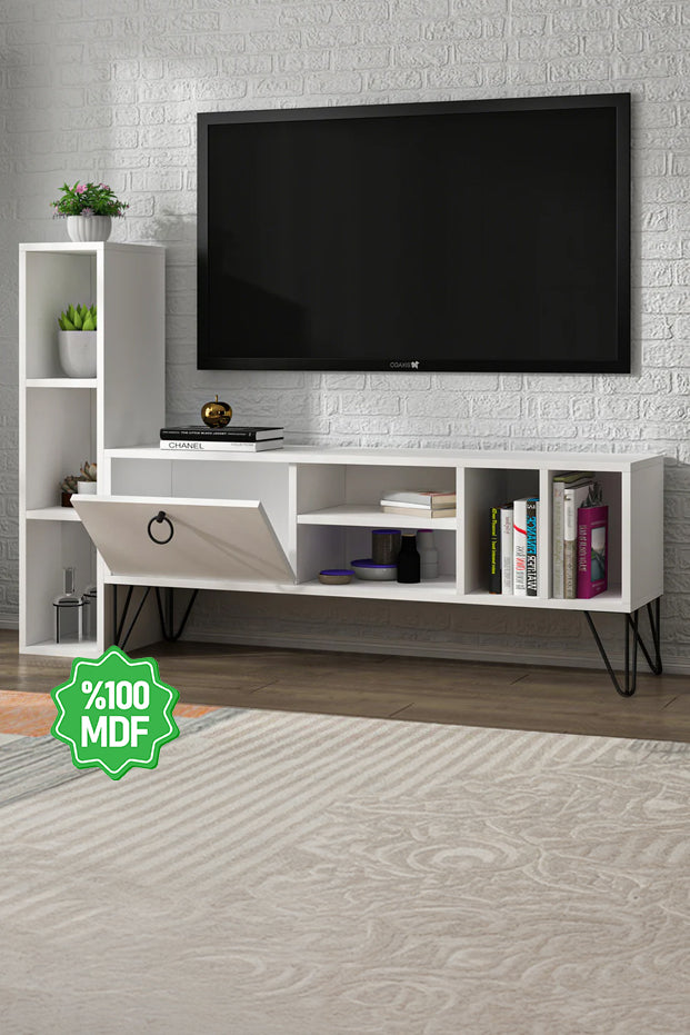 Kent Kitaplıklı Kapaklı Raflı Beyaz MDF Tv Ünitesi & Tv Sehpası