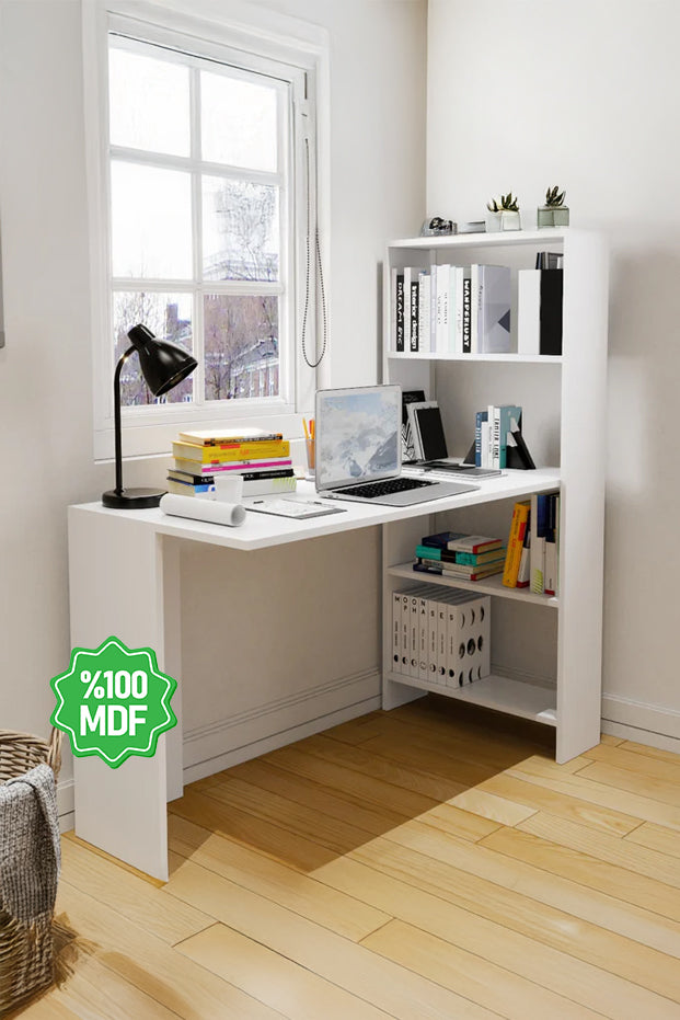 Kitaplıklı Çalışma Masası Beyaz Mdf