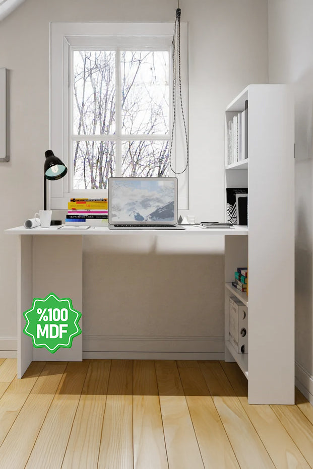 Kitaplıklı Çalışma Masası Beyaz Mdf
