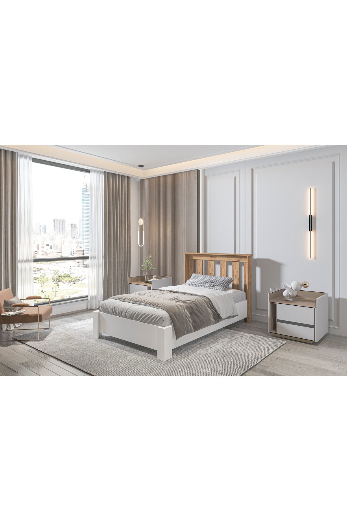 Altay Tek Kişilik Baza Başlık Seti, İkili Set Beyaz Antik Çam