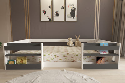 Ninnimo 90x190 Yatak Uyumlu Beyaz Antrasit Kitaplıklı Montessori Karyola- M6-14