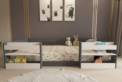 Ninnimo 90x190 Yatak Uyumlu Antrasit Beyaz Kitaplıklı Montessori Karyola- M6-41