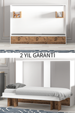 Akıllı Still 70x140 Yatak Uyumlu Yatay Açılır Duvar Yatağı Beyaz Antik Çam Kitaplıklı Karyola