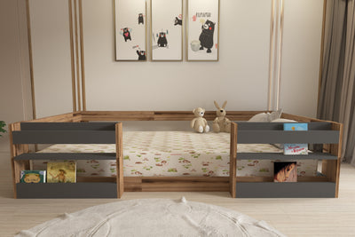 Ninnimo 120x200 Yatak Uyumlu Çırağan Antrasit Kitaplıklı Montessori Karyola- M6-34 120X200
