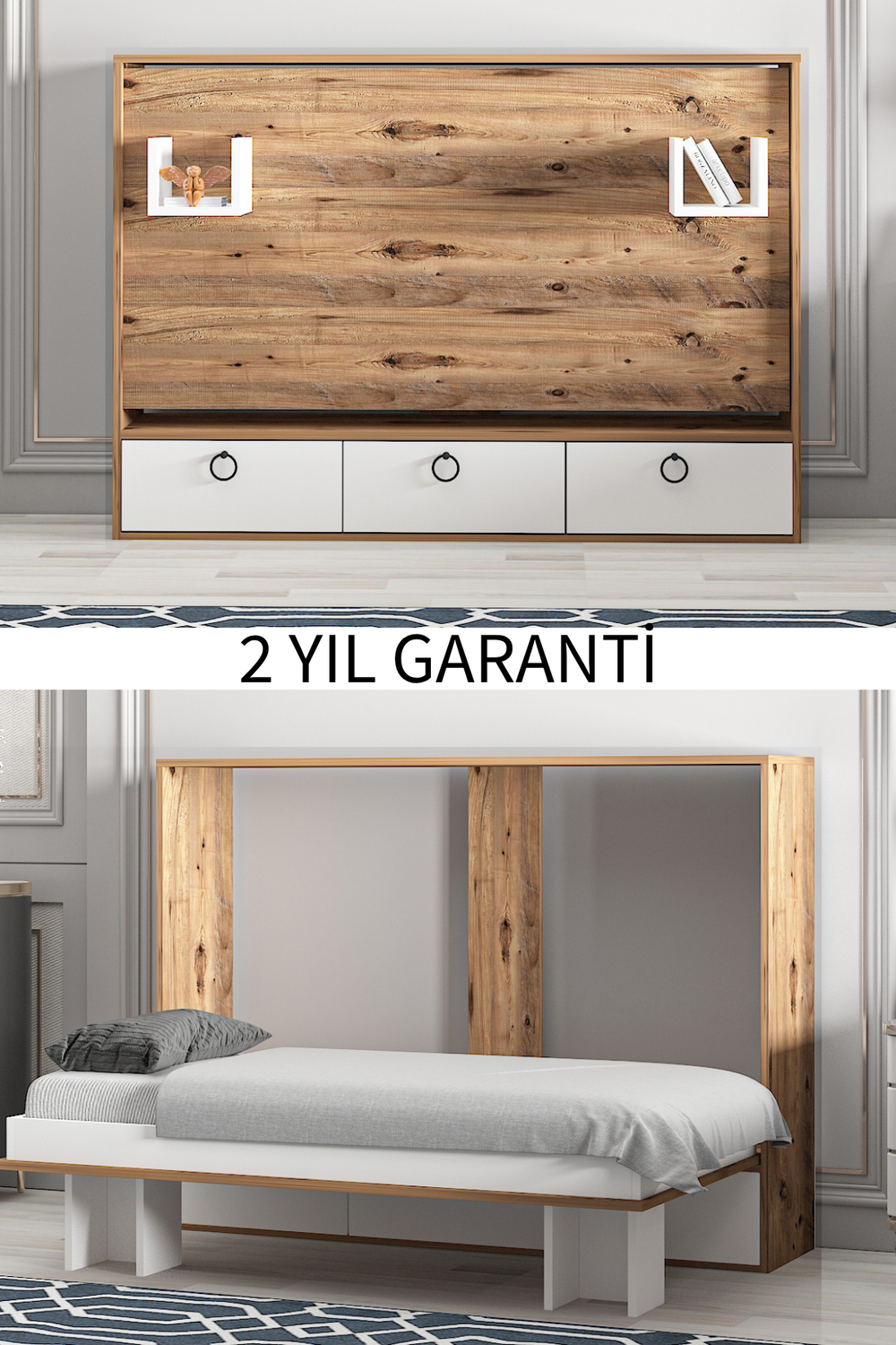 Akıllı Still 70x140 Yatak Uyumlu Yatay Açılır Duvar Yatağı Antik Çam Beyaz Kitaplıklı Karyola