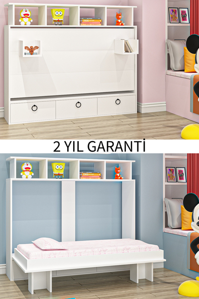 Aysa 90x190 Yatak Uyumlu Yatay Açılır Duvar Yatağı Beyaz Kitaplıklı Karyola