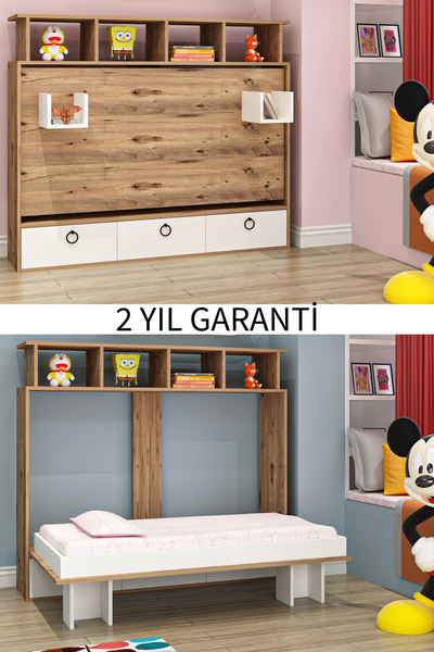 Aysa 70x140 Yatak Uyumlu Yatay Açılır Duvar Yatağı Antik Çam Beyaz Kitaplıklı Karyola