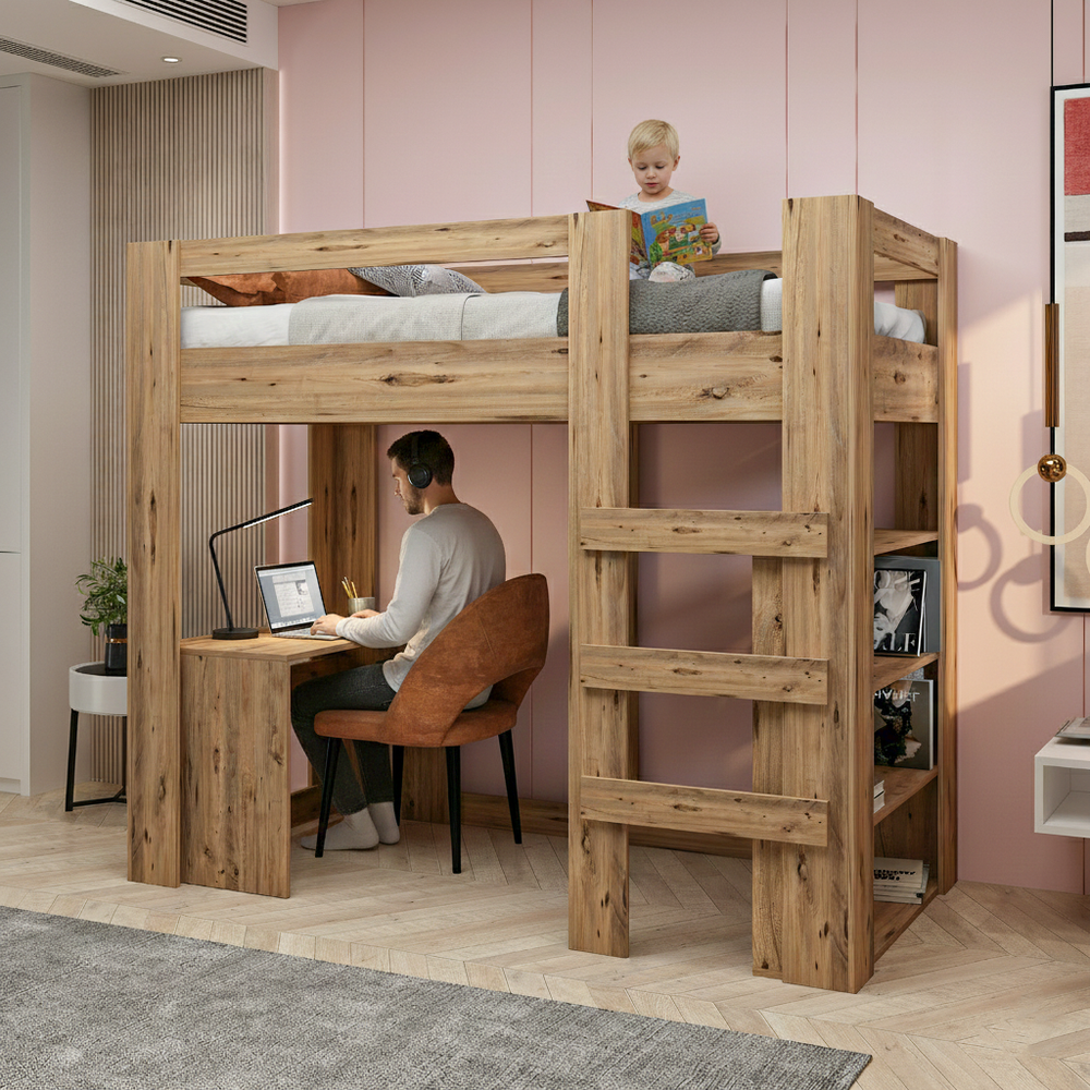 Yaşam 90X190 Yatak Uyumu Karyola Çalışma Masalı Kitaplıklı Led Işıklı Karyola