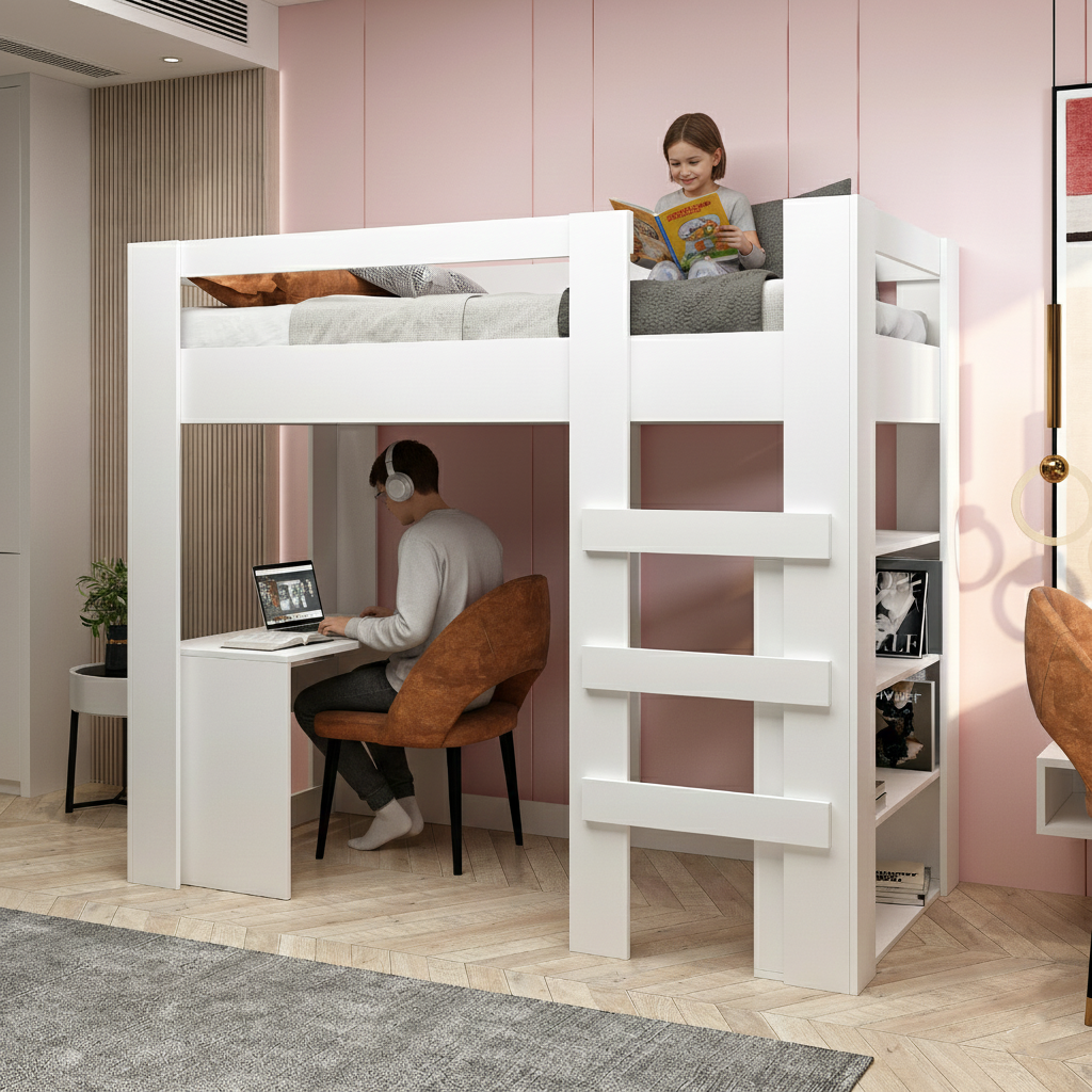 Yaşam 90X190 Yatak Uyumu Karyola Çalışma Masalı Kitaplıklı Led Işıklı Karyola