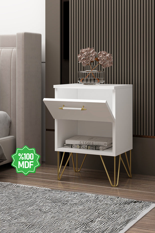 Ninnimo Elisa Gold Ayaklı Beyaz MDF Kapaklı Komodin