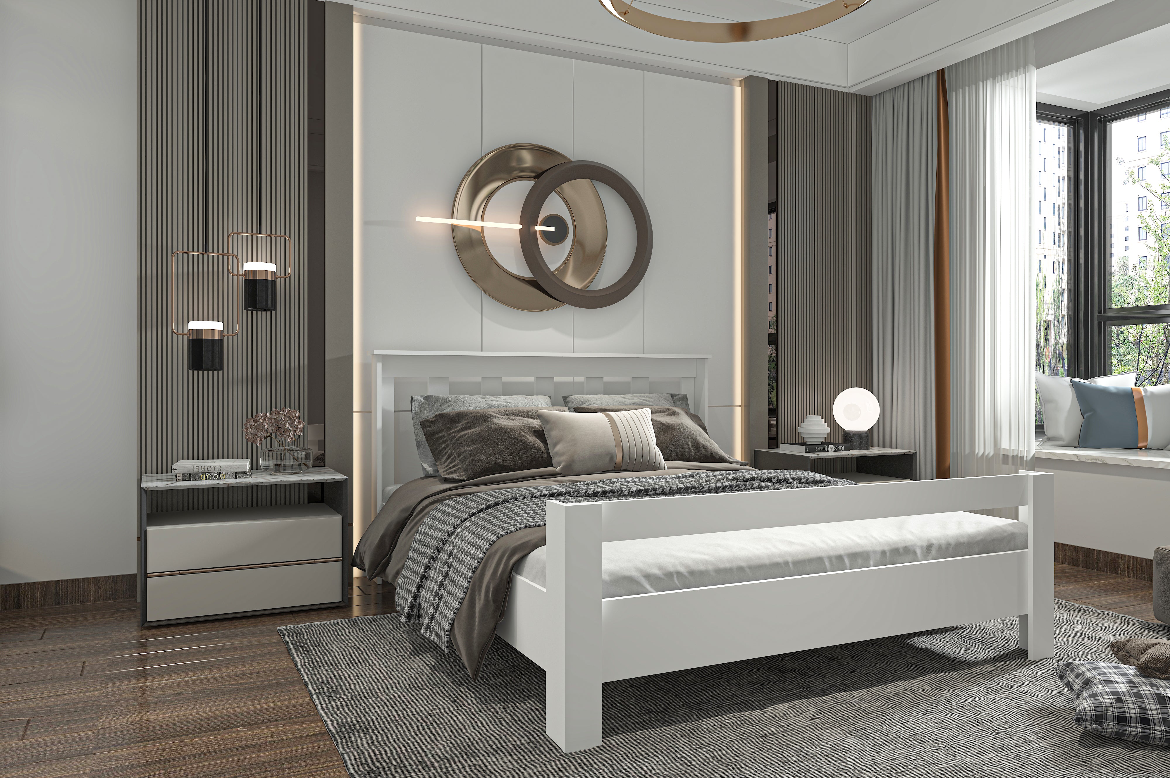 Still 160x200 Yatak Uyumlu Çift Kişilik Mdf Beyaz Karyola (Demir Ayaklı ve Kontraplak Destekli)