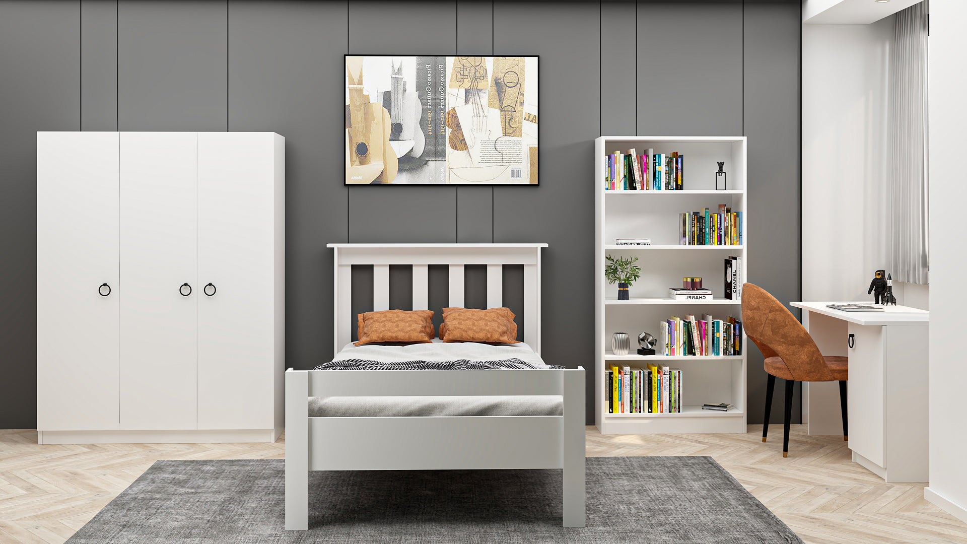 Ninnimo 4 Parçalı Beyaz MDF Yaşam Genç Odası Takımı (Karyola 90x190, Gardırop, Kitaplık ve Çalışma Masası)