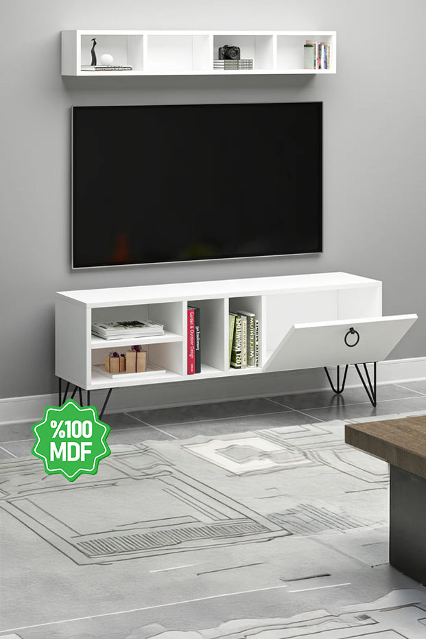 Kalimba Kapaklı Raflı Beyaz MDF Tv Ünitesi & Tv Sehpası