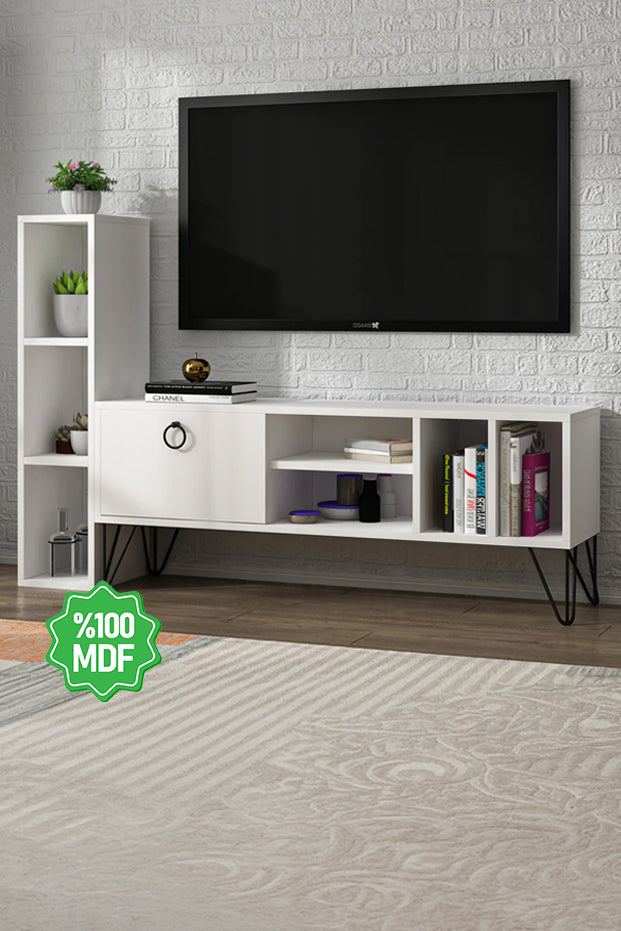 Kent Kitaplıklı Kapaklı Raflı Beyaz MDF Tv Ünitesi & Tv Sehpası