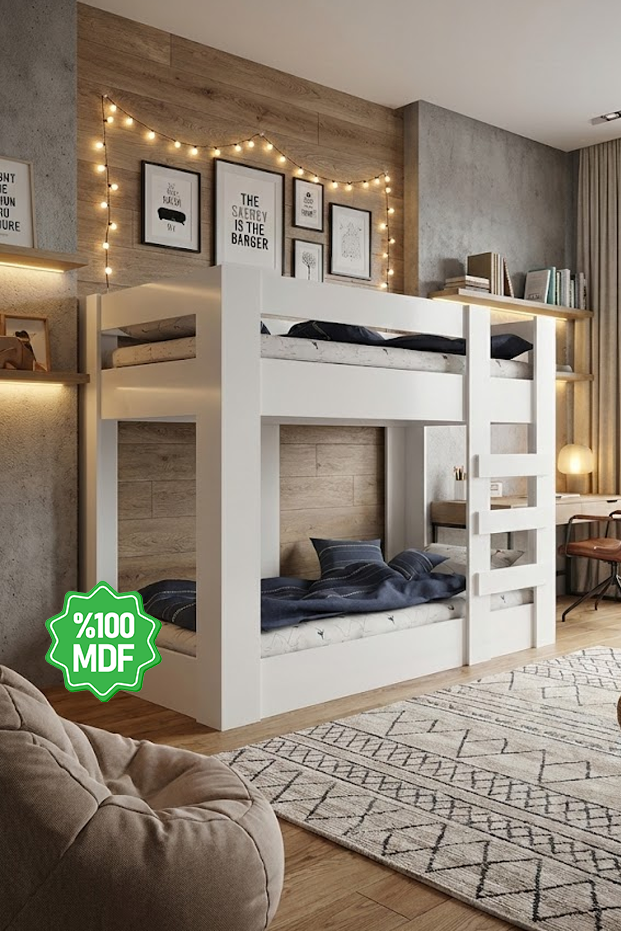 Ninnimo 90x190 Yatak Uyumlu Beyaz MDF Genç Ranza- MR47-1