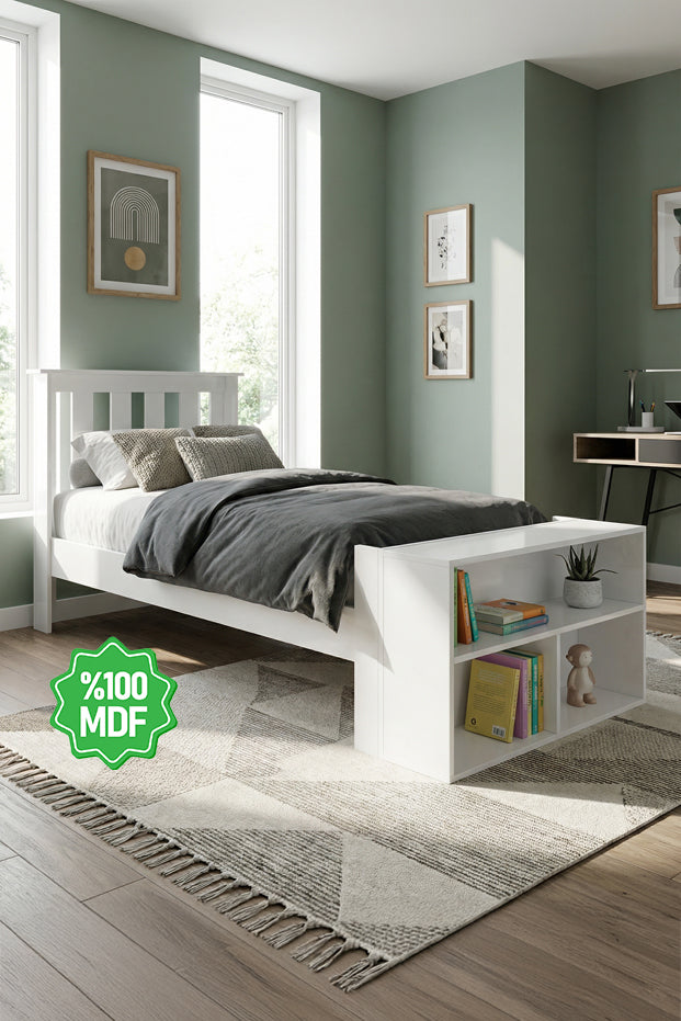 Tuna Beyaz Mdf Kitaplıklı Karyola