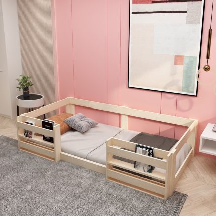 Ninnimo 90x190 Yatak Uyumlu Ahşap Kitaplıklı Montessori Karyola LİNDA-A